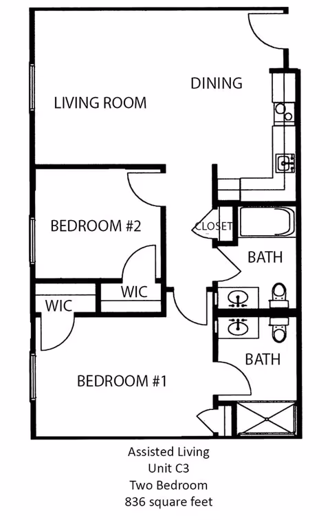 Floor plan of an assisted living unit labeled Unit C3 with two bedrooms, two bathrooms, a living room, dining area, kitchen, closets, and walk-in closets, covering 836 square feet.