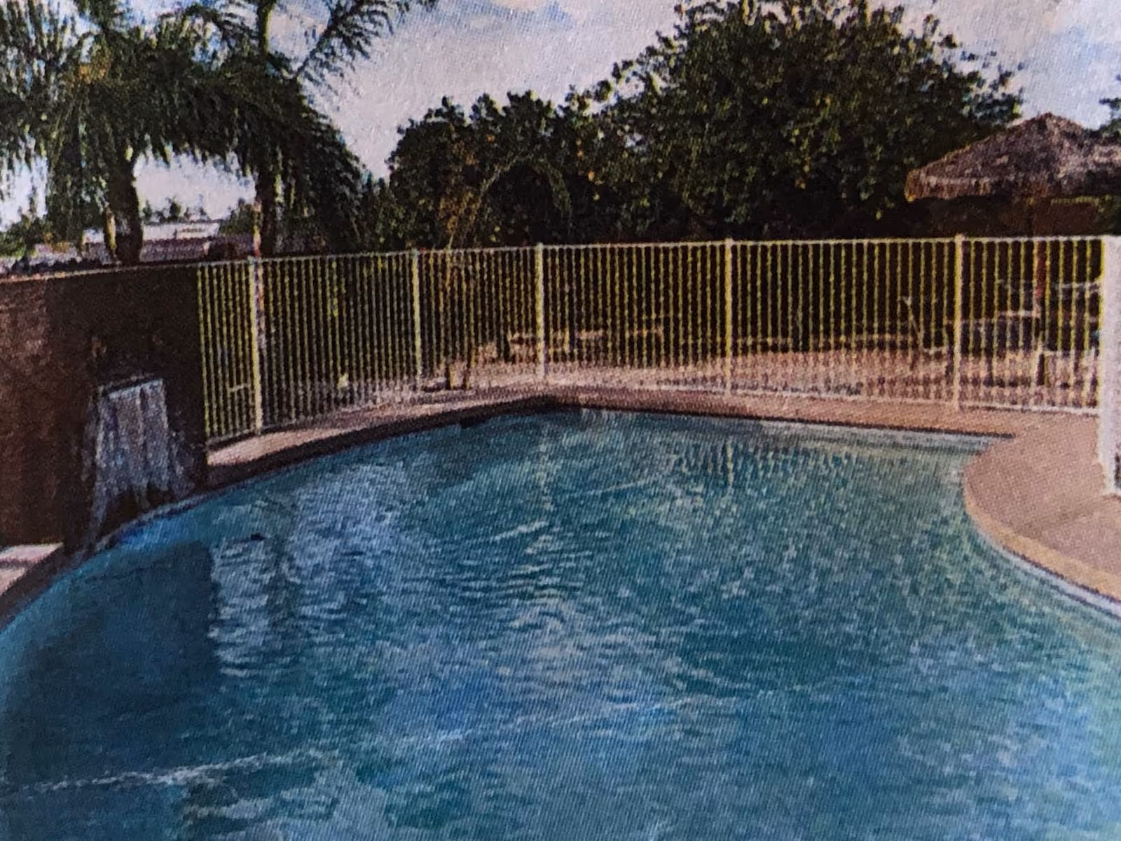 Outdoor swimming pool with clear blue water surrounded by a safety fence. There are palm trees and other greenery in the background, along with some patio furniture and an umbrella on the pool deck.