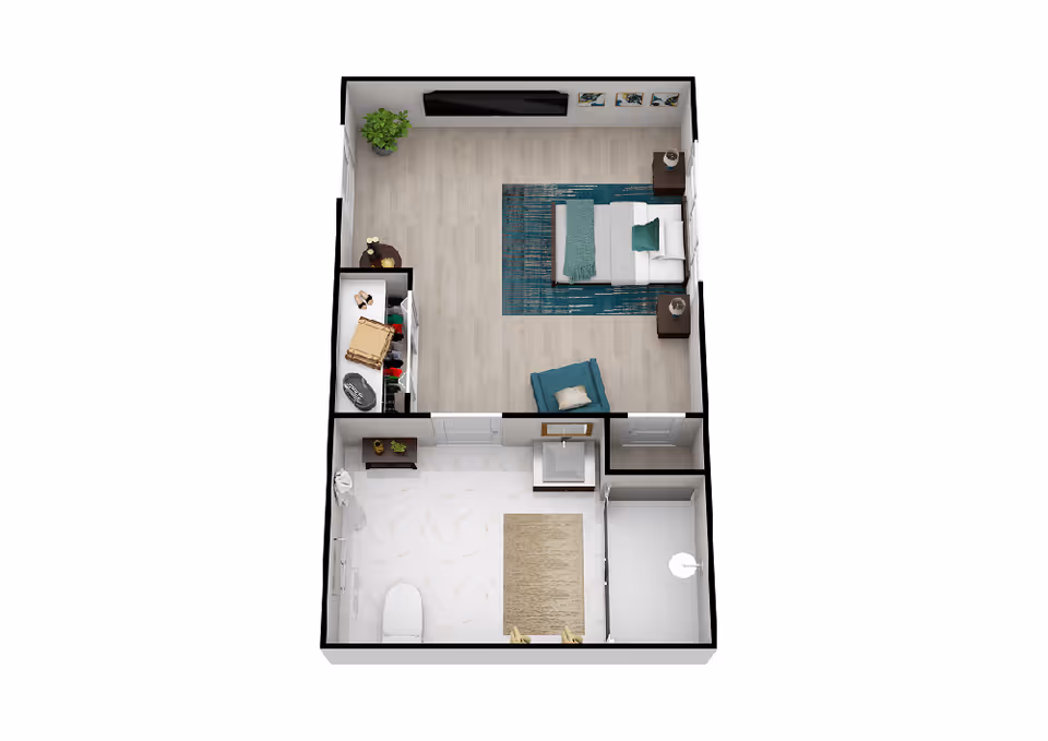 3D floor plan of a small living space featuring a bedroom with a bed, two nightstands, a chair, a rug, a closet, and a plant. Adjacent to the bedroom is a bathroom with a toilet, sink, shower, and a small cabinet.