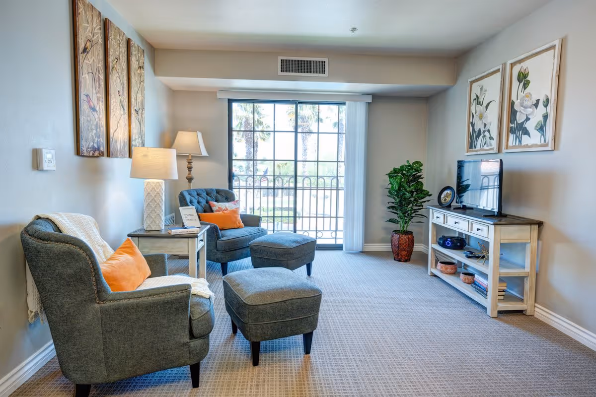 A cozy living room with two gray upholstered armchairs each with an orange pillow and a matching ottoman. A small wooden side table with a lamp and books is between the chairs. Across from the chairs is a wooden TV stand with a flat-screen TV, decorative items, and two framed floral artworks hanging above it. A large window with vertical blinds lets in natural light, and a potted plant is placed near the TV stand.