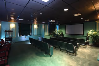 Interior view of a small theater or screening room with rows of green cushioned seats facing a large white projection screen. The room has green walls, a green carpet, and several potted plants. There are windows with dark blinds and a ceiling-mounted projector.
