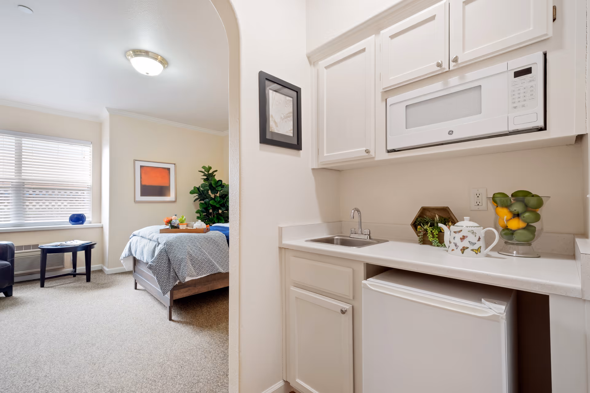 Studio-style kitchenette with a sink, microwave and mini-fridge opening into a furnished bedroom.