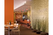 Interior lounge with seating, a reception counter, and tall grass wall decor.