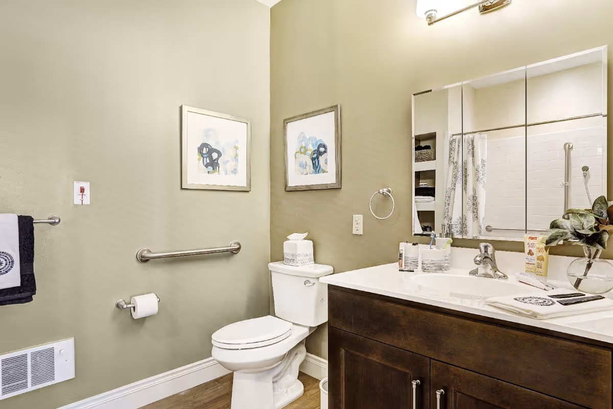 A clean and well-lit bathroom with a white toilet, a dark wood vanity with a white countertop and sink, a large mirror above the sink, two framed abstract paintings on the wall, a towel rack with a towel, a grab bar next to the toilet, and a shower with a white curtain partially visible in the mirror.