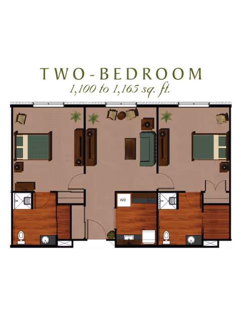 Floor plan of a two-bedroom apartment with an area of 1,100 to 1,165 square feet. The layout includes two bedrooms, two bathrooms, a living room with seating and tables, and a kitchen area with appliances and washer/dryer. The bedrooms are located on opposite sides of the living room, each with a bed, nightstands, and chairs. Bathrooms are adjacent to each bedroom.