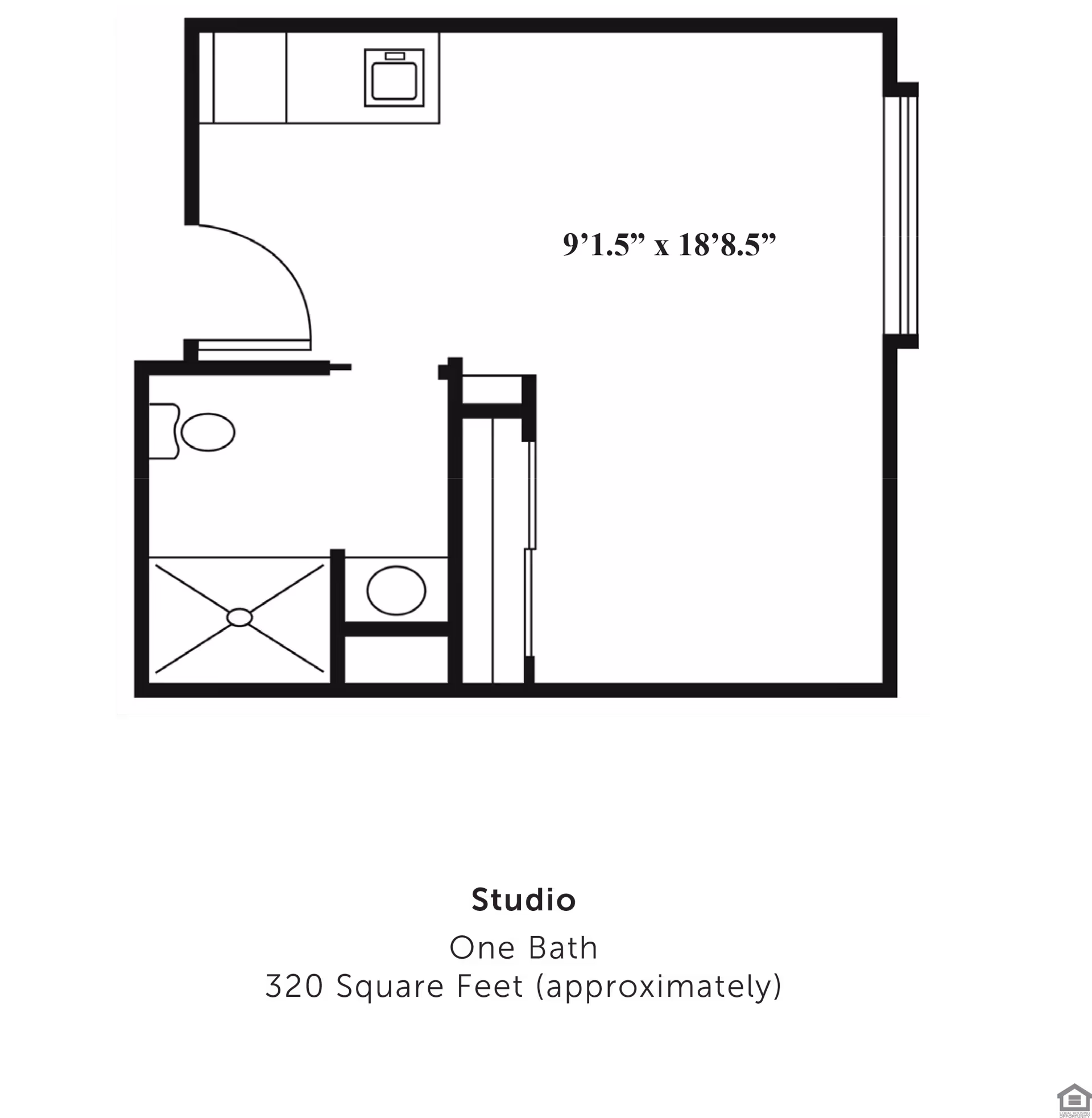 Top-down floor plan of a studio apartment showing a kitchenette, bathroom with shower and toilet, closet, and dimensions 9'1.5" x 18'8.5".