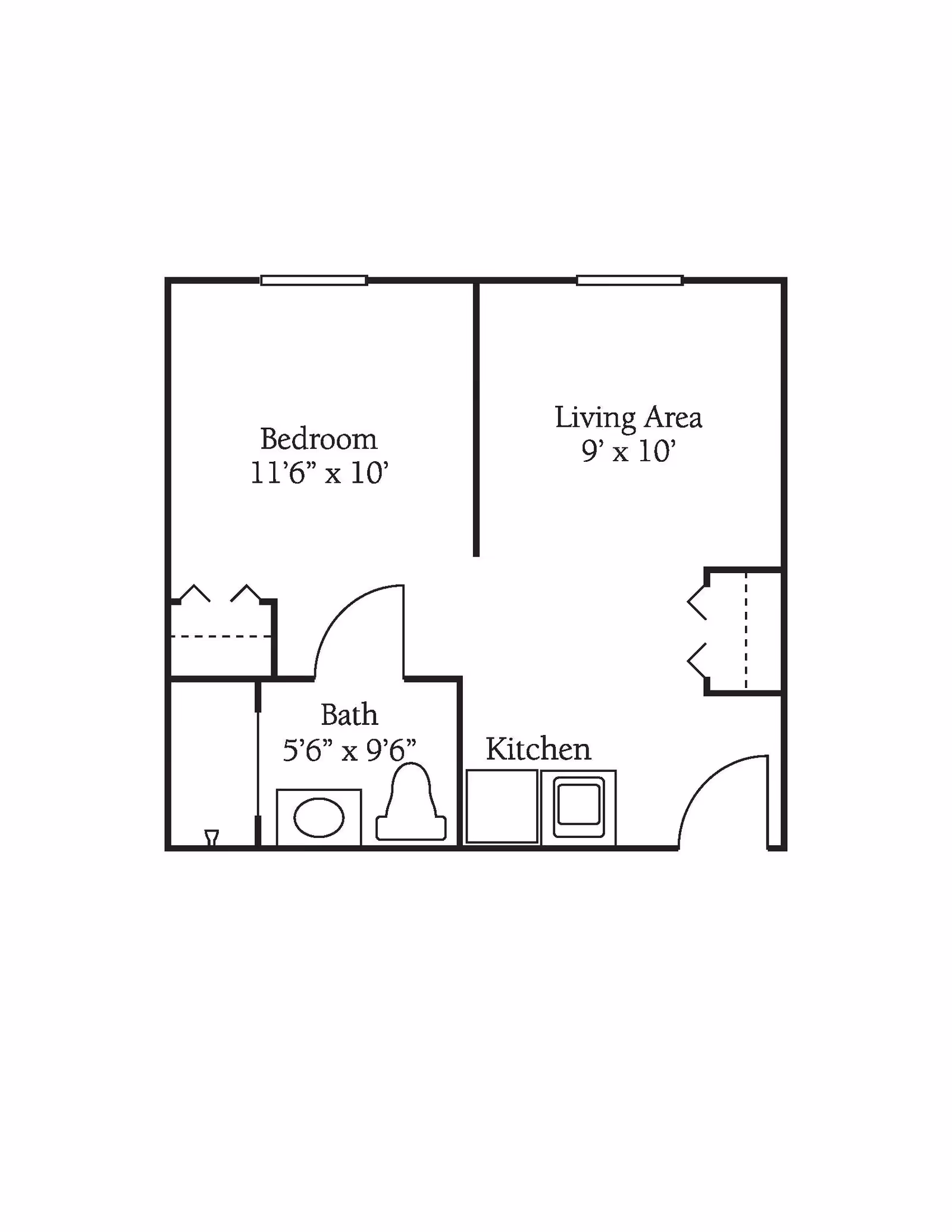 Floor plan layout of a senior living unit at Brookdale Hampton Cove showing a bedroom measuring 11 feet 6 inches by 10 feet, a living area measuring 9 feet by 10 feet, a bathroom measuring 5 feet 6 inches by 9 feet 6 inches, and a kitchen area.