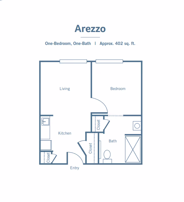 Floor plan for Arezzo, a one-bedroom, one-bath apartment approximately 402 square feet. The layout includes an entry leading to a kitchen with a closet, a living room, a bedroom with a closet, and a bathroom with a shower, toilet, and sink.