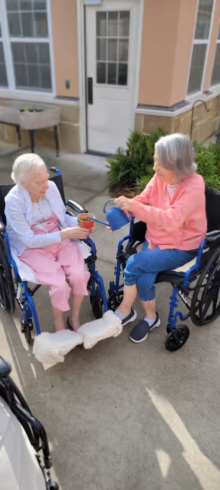 Two elderly women sitting in wheelchairs outside near a building. One woman is wearing a pink outfit and holding a small flower pot, while the other woman, dressed in a pink sweater and blue pants, is watering the plant with a blue watering can. They are on a concrete surface with some greenery and windows in the background.