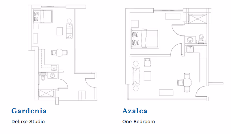 Two apartment floor plan diagrams side-by-side labeled Gardenia (Deluxe Studio) and Azalea (One Bedroom).