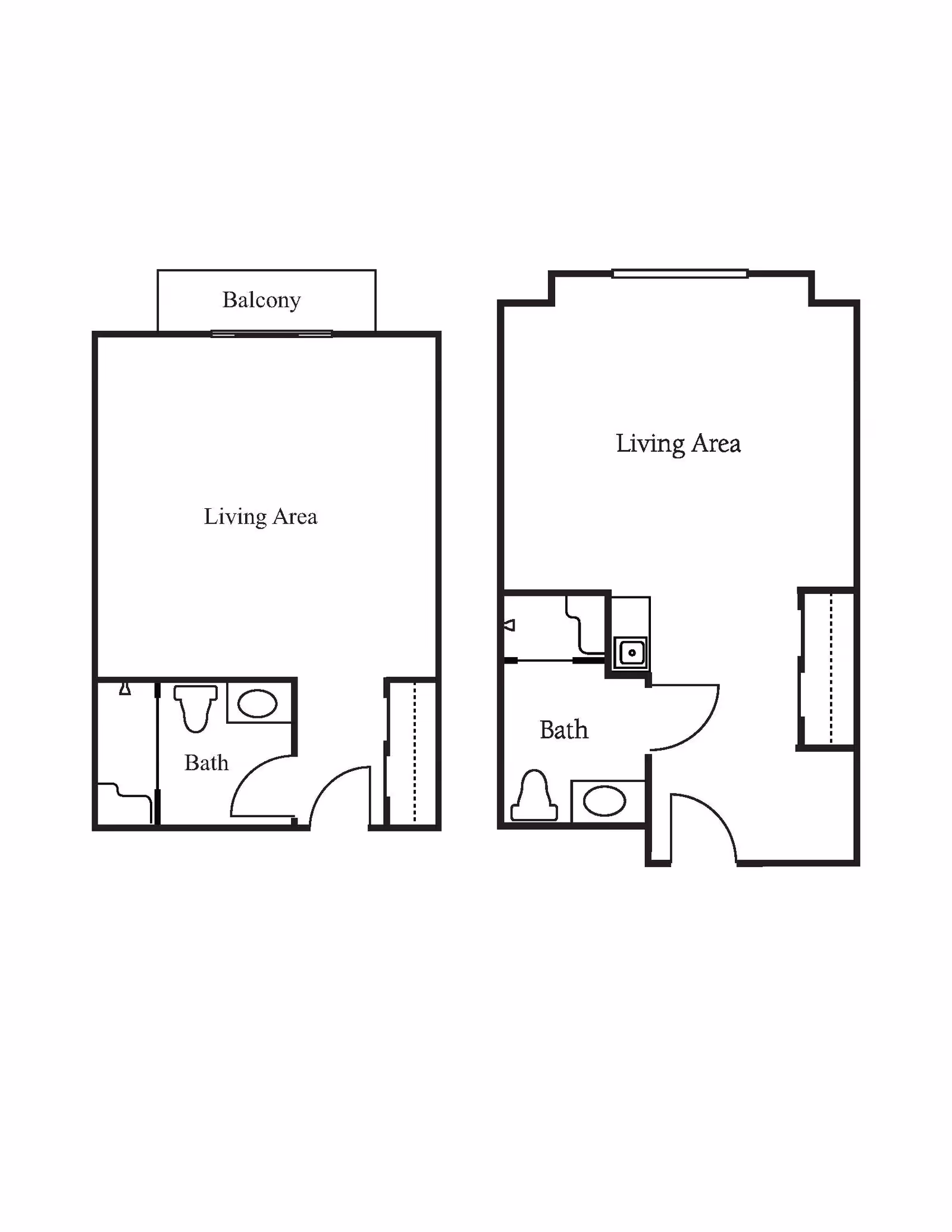 Architectural floor plan showing two layouts with labeled areas including living area, bath, and balcony in one layout.