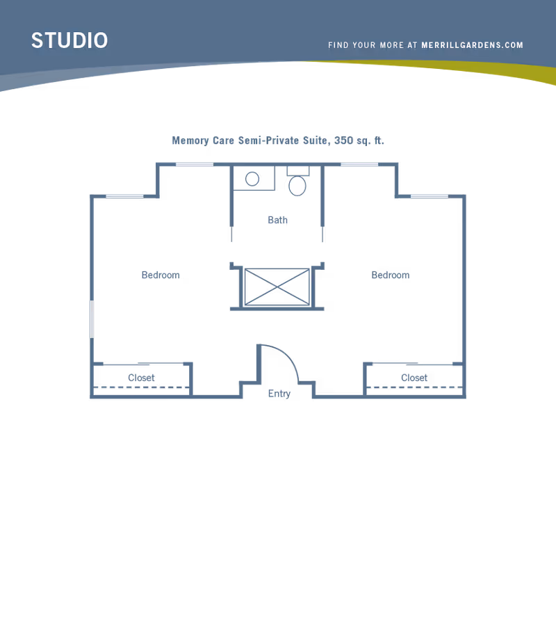 Floor plan of a Memory Care Semi-Private Suite with 350 square feet, showing two bedrooms each with a closet, a shared bathroom, and an entry area.