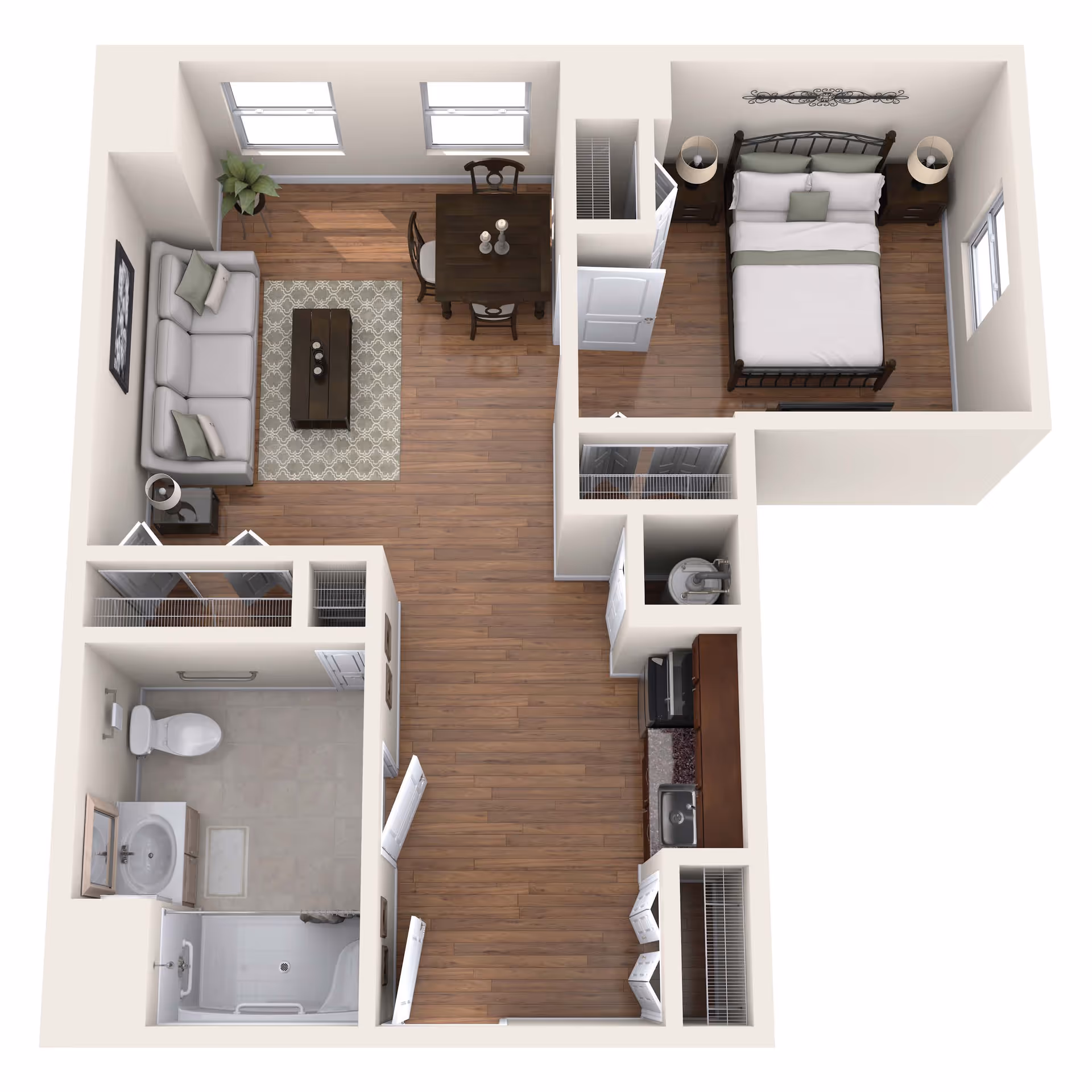 3D floor plan of a one-bedroom apartment at Mangrove Bay showing a bedroom with a bed and two nightstands, a living room with a sofa, coffee table, and dining table with chairs, a kitchen area with a sink and stove, and a bathroom with a toilet, sink, and bathtub.