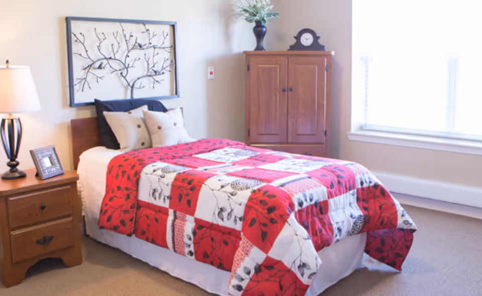 A bright furnished bedroom with a single bed covered by a red-and-white quilt, a wooden nightstand with lamp and picture frame, a wooden wardrobe, wall art and a window.