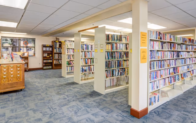 Bright interior library with carpeted floor and rows of bookshelves filled with books.
