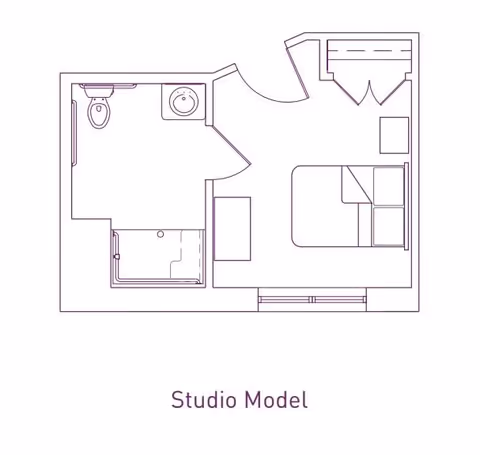 Architectural floor plan of a studio model apartment showing a combined sleeping and living area with a bed, a closet, and a bathroom with a toilet, sink, and shower.