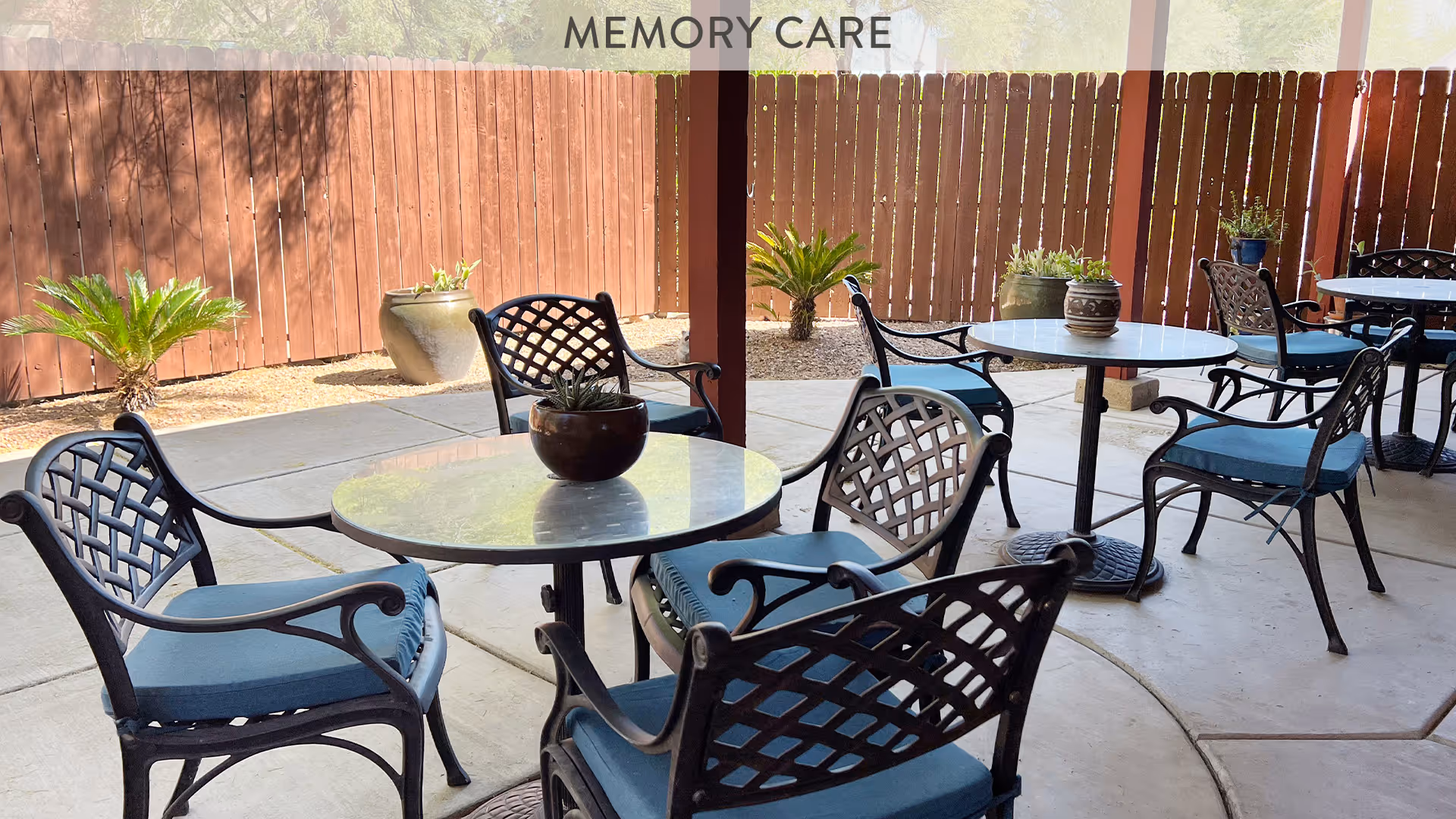 Outdoor patio area with round tables and metal chairs with blue cushions, potted plants on the tables and around the patio, and a wooden fence in the background. The area is shaded by a roof structure.