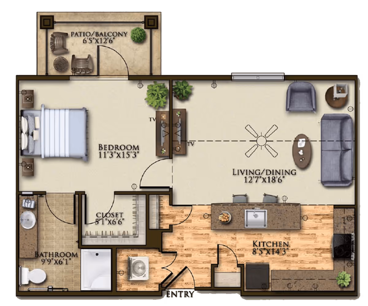 Floor plan of a one-bedroom apartment at Harmony at Savannah featuring a bedroom with a closet, a bathroom, a kitchen with an island and two chairs, a combined living and dining area with a sofa, two chairs, a coffee table, and a ceiling fan, and a patio/balcony with two chairs and a small table.