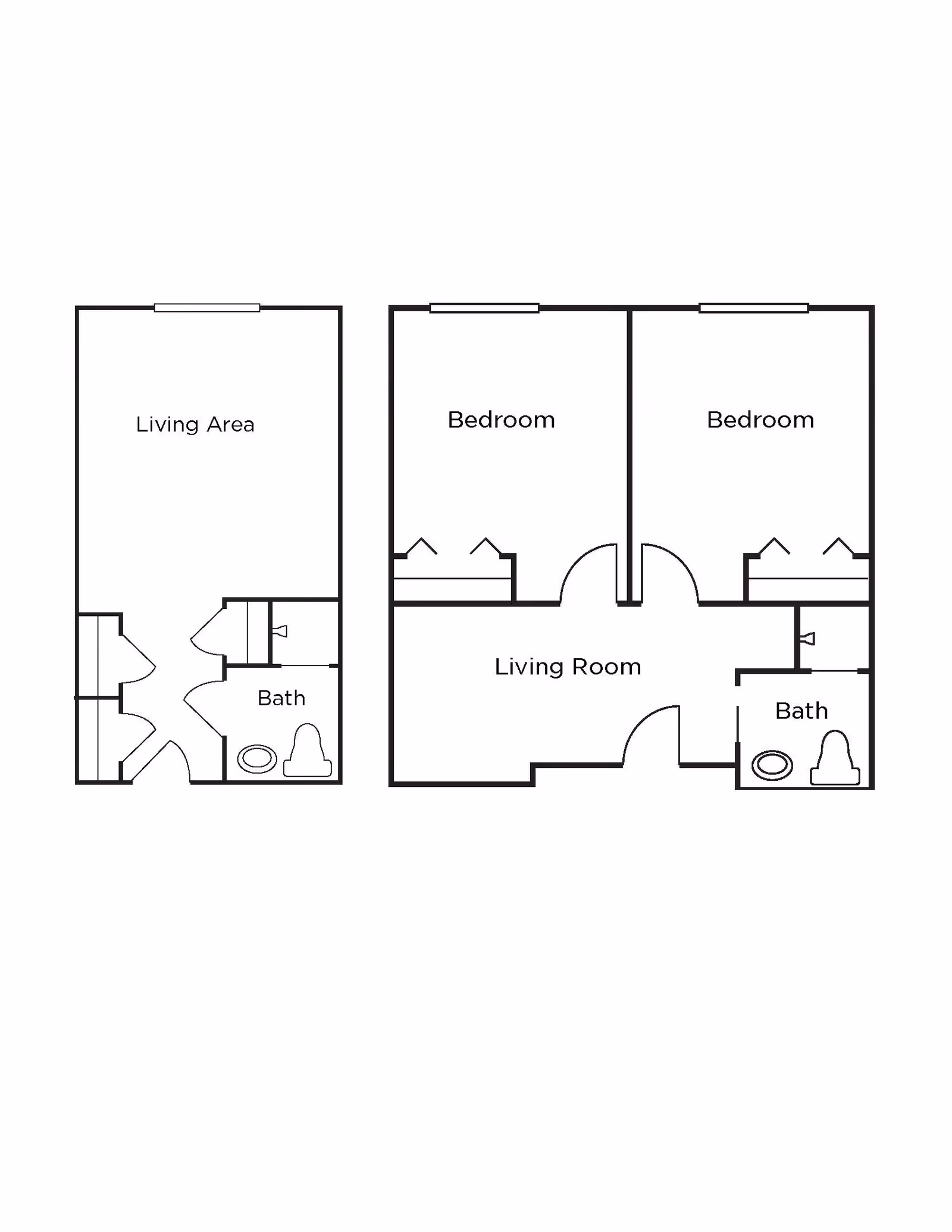 Architectural floor plan showing two layouts: one with a living area and bath, and another with two bedrooms, a living room, and a bath.