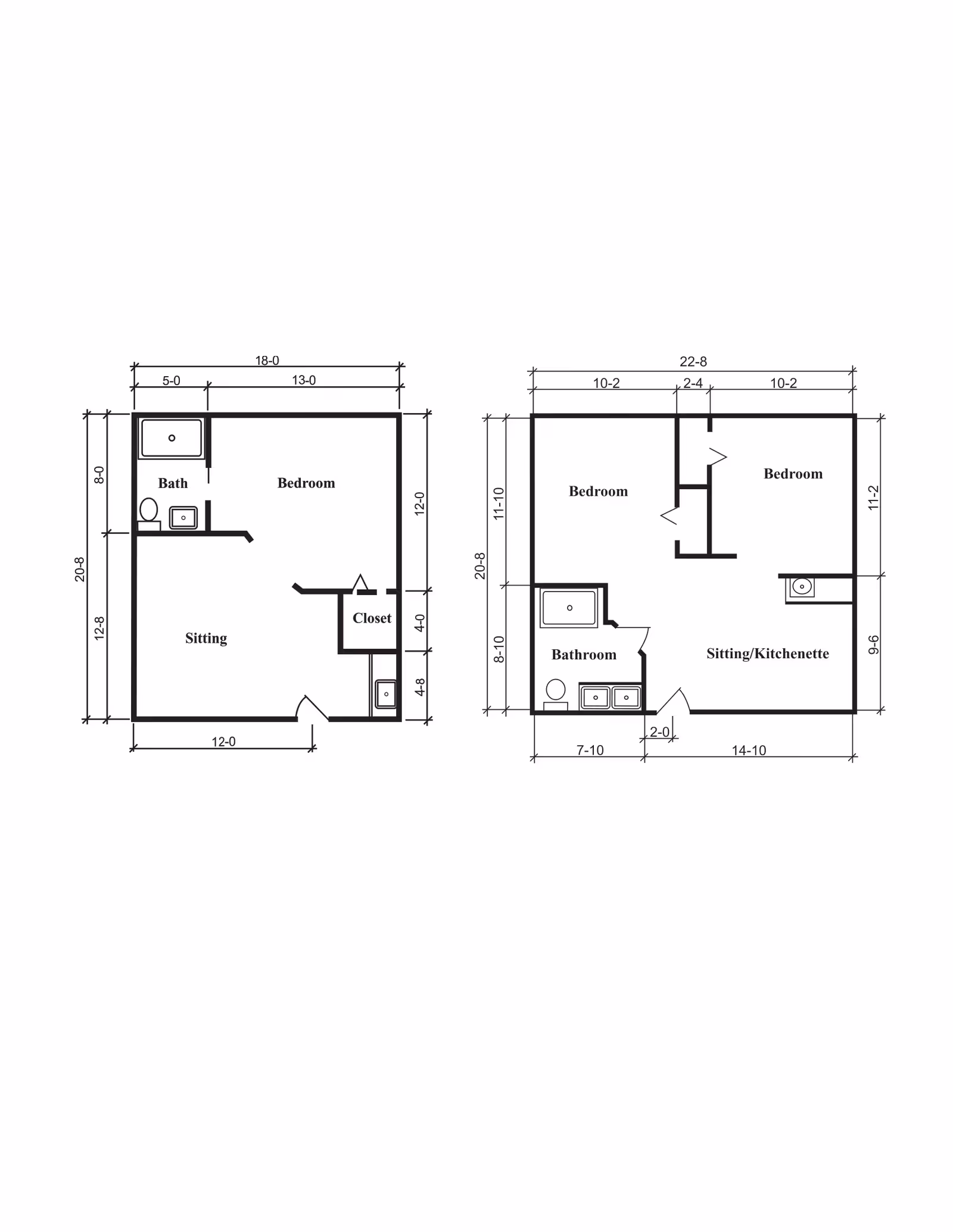 Architectural floor plan showing two layouts. The left layout includes a bedroom, sitting area, bath, and closet with dimensions. The right layout includes two bedrooms, a bathroom, and a sitting/kitchenette area with dimensions.