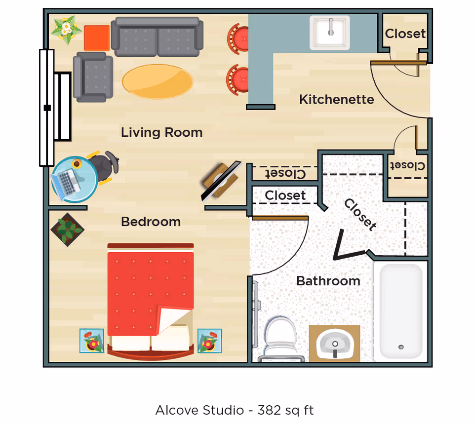 Floor plan of an Alcove Studio apartment measuring 382 square feet, showing a living room with sofa, armchair, coffee table, and desk with chair; a bedroom area with a bed and nightstands; a kitchenette with sink and two stools; a bathroom with toilet, sink, and bathtub; and multiple closets throughout.