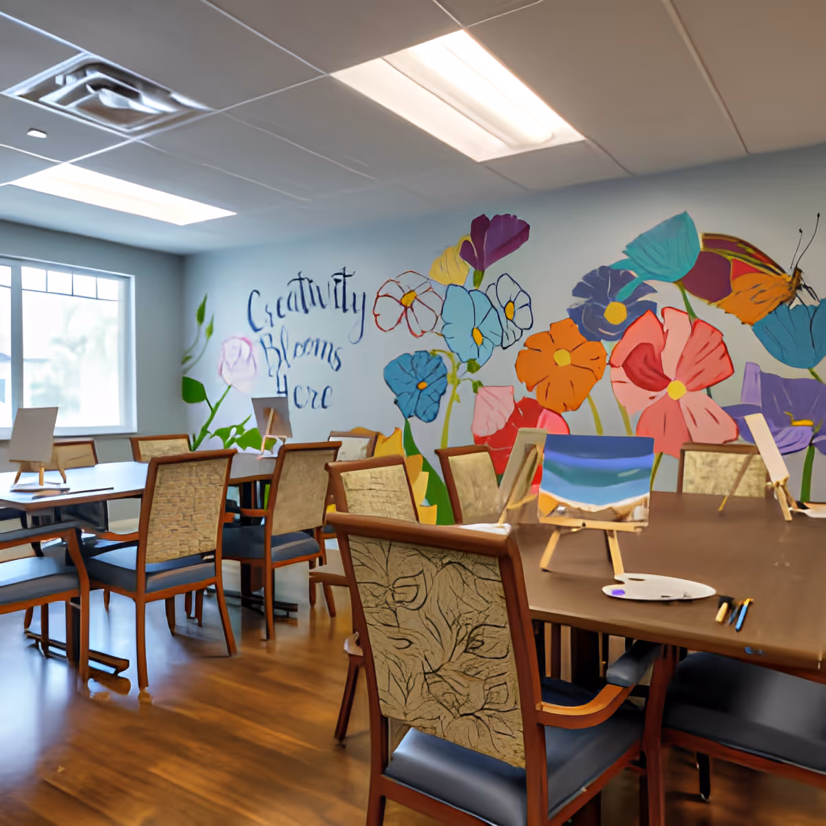 A bright and colorful activity room with tables and chairs arranged for painting. The wall features a mural of large, vibrant flowers and a butterfly with the phrase 'Creativity Blooms Here' painted on it. Several small canvases and painting supplies are set up on the tables.