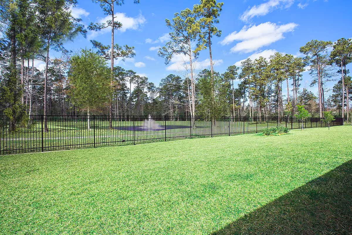 A fenced grassy outdoor area with a black metal fence, several trees, and a small water fountain in the background under a blue sky with some clouds.