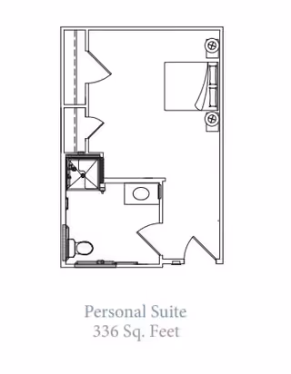 Floor plan of a personal suite measuring 336 square feet, showing a bedroom area with a bed and two nightstands, a bathroom with a toilet and shower, and entry doors.