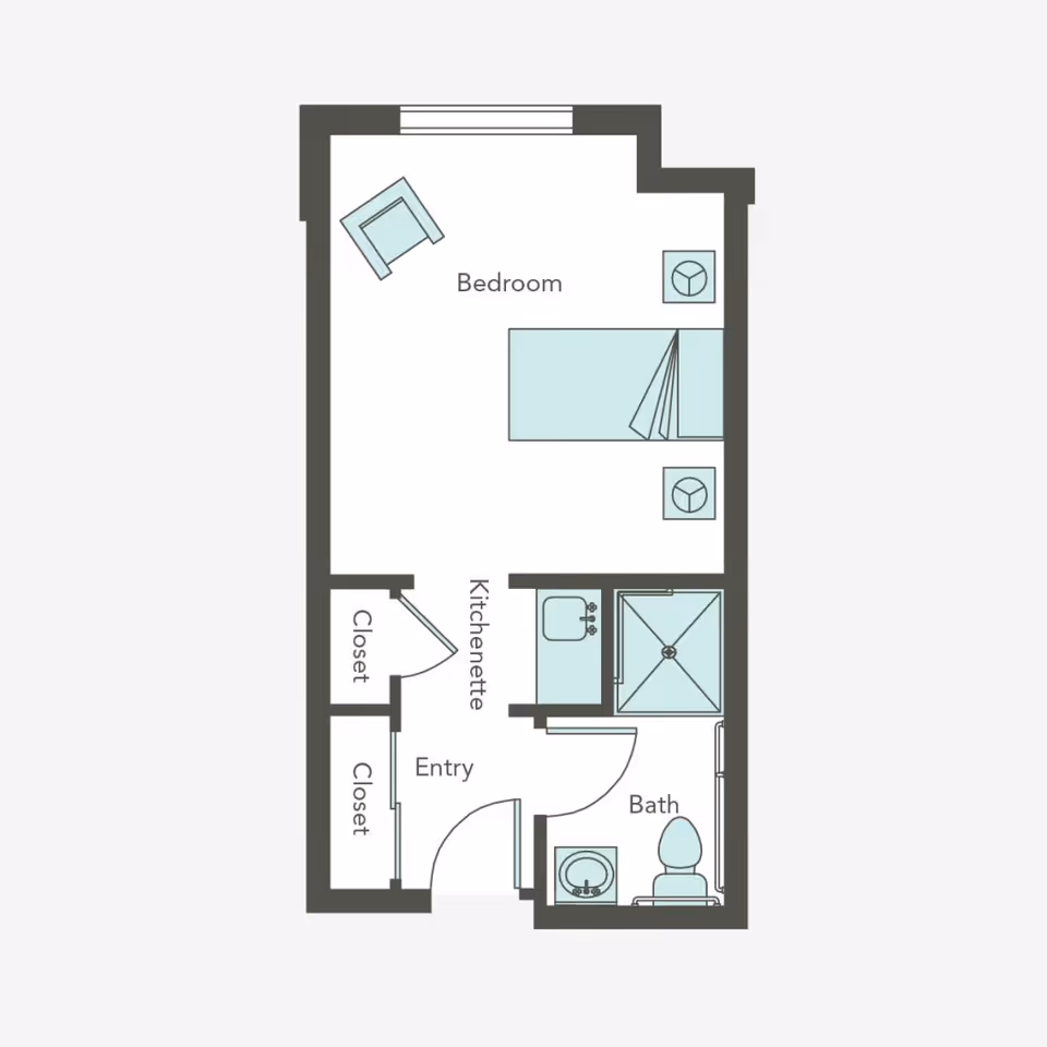 Floor plan of a small living unit at Aegis of Laguna Niguel showing a bedroom with a bed and two nightstands, a kitchenette with a sink, an entry area with two closets, and a bathroom with a toilet, sink, and shower.