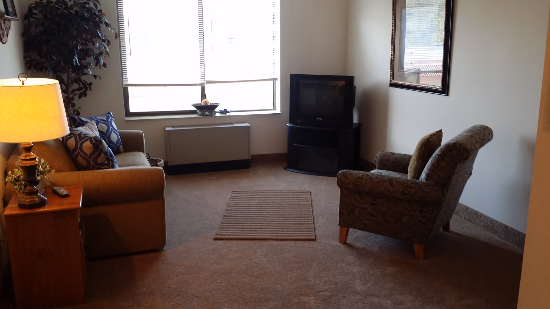 A cozy living room with a beige sofa adorned with blue and white patterned pillows, a wooden side table with a lamp and remote control, a patterned armchair with a cushion, a small rectangular rug on the carpeted floor, a TV on a black stand, a large window with blinds, and a framed picture on the wall.