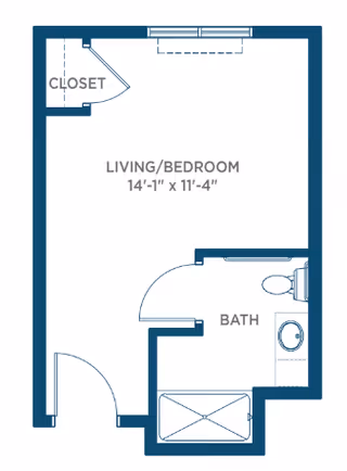 Architectural floor plan of a studio apartment layout labeled Somerby Santa Rosa Beach, showing a combined living and bedroom area measuring 14 feet 1 inch by 11 feet 4 inches, a closet in the upper left corner, and a bathroom with a toilet, sink, and shower in the lower right corner.