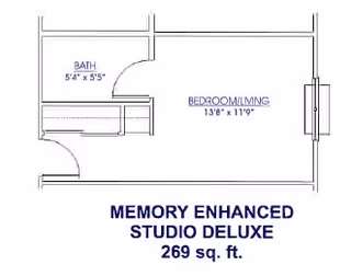 Floor plan layout of a memory enhanced studio deluxe apartment with a total area of 269 square feet, showing a combined bedroom and living area measuring 13 feet 8 inches by 11 feet 9 inches, and a bathroom measuring 5 feet 4 inches by 5 feet 5 inches.