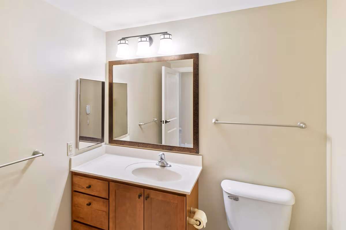 A clean bathroom with a wooden vanity cabinet, white countertop and sink, a large rectangular mirror with three light fixtures above it, a toilet, and towel bars on the walls.