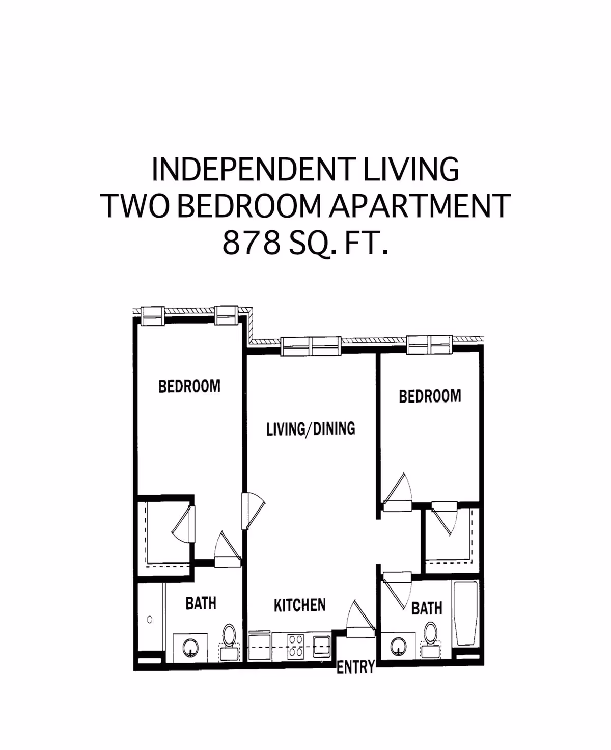 Floor plan of an independent living two-bedroom apartment with 878 square feet, showing two bedrooms, two bathrooms, a kitchen, and a combined living/dining area with an entry door.
