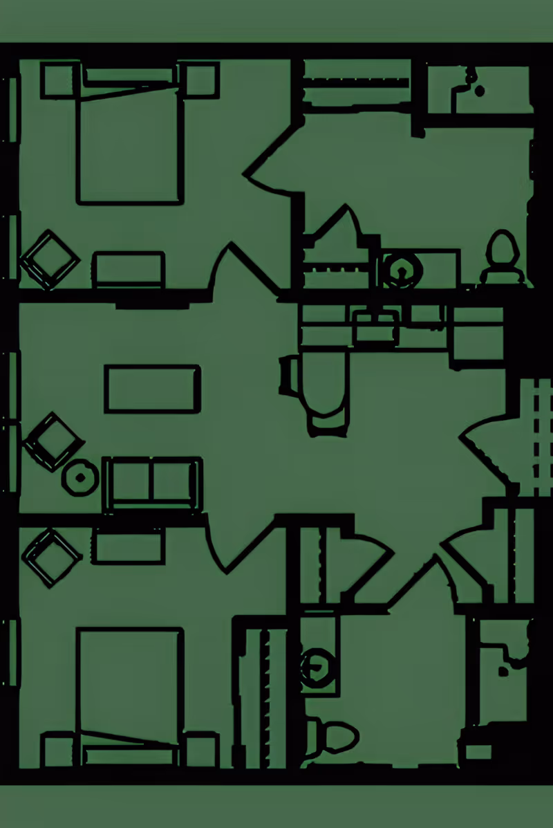 Architectural floor plan of a residential unit showing two bedrooms, a living room, two bathrooms, and closets.