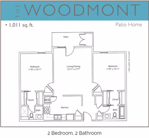 Floor plan of The Woodmont patio home showing a 2 bedroom, 2 bathroom layout with a total area of 1,011 square feet. The plan includes a patio, living/dining area, kitchen, closets, and washer/dryer space.
