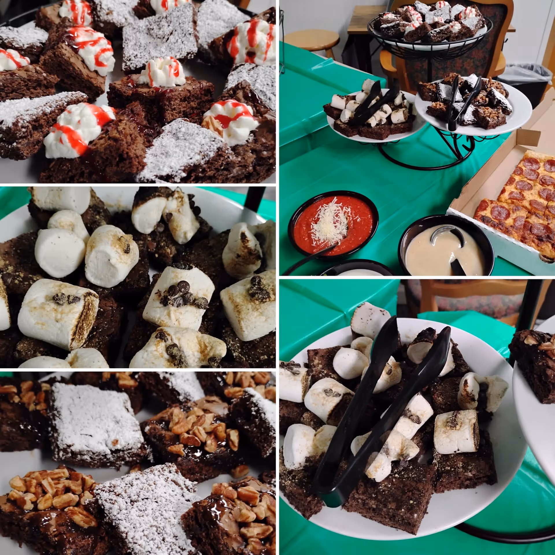 A collage of images showing various desserts and snacks on a green tablecloth. There are plates and a tiered stand filled with brownies topped with powdered sugar, whipped cream with red syrup, toasted marshmallows, and pecans. Also visible are bowls of dipping sauces and a pepperoni pizza in an open box.