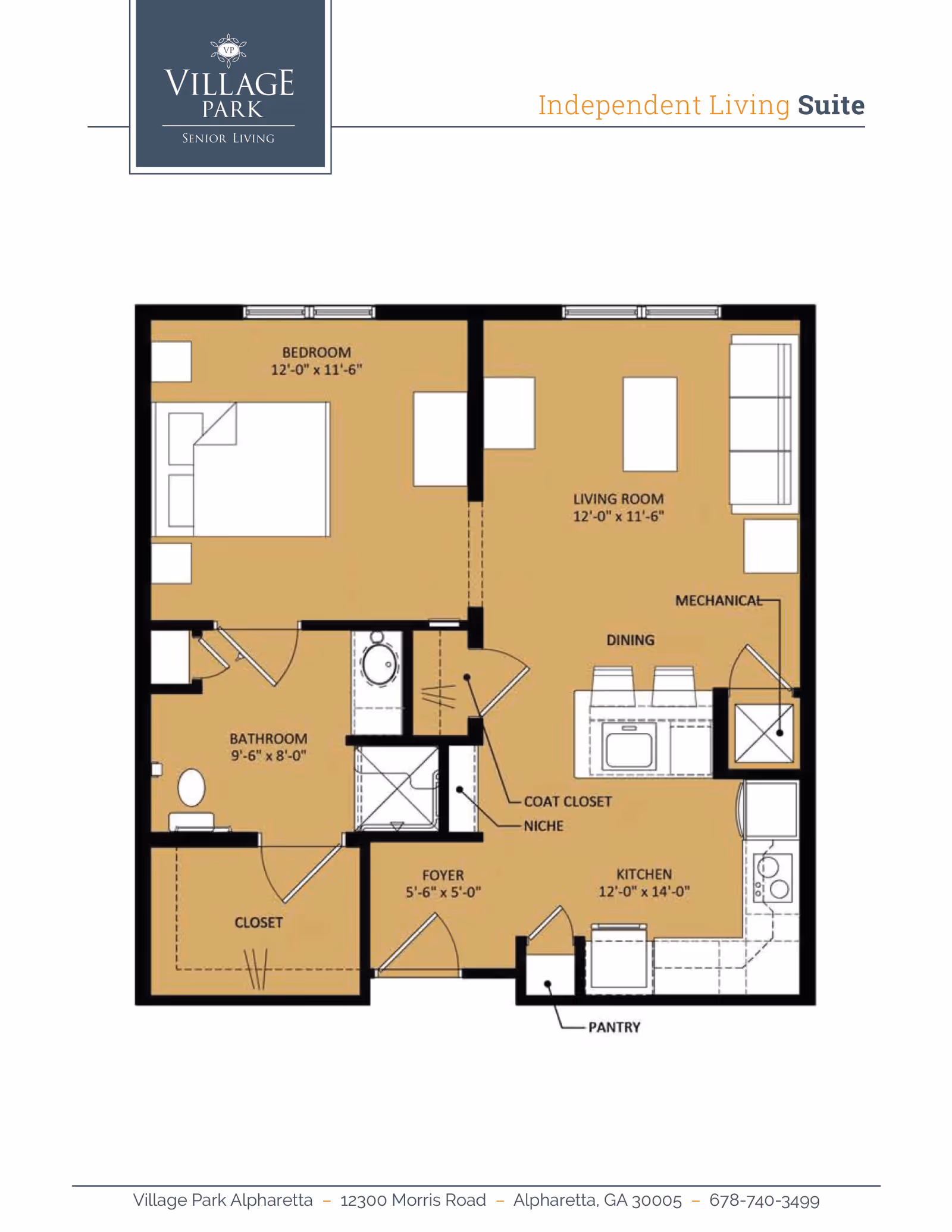 Floor plan of an Independent Living Suite at Village Park Senior Living, showing a bedroom, bathroom, closet, foyer, living room, dining area, kitchen with pantry, coat closet, mechanical room, and niche.