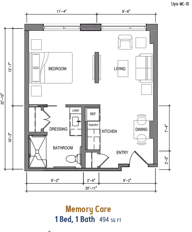 Black-and-gray floor plan diagram of a memory care 1-bedroom, 1-bath apartment labeled 494 sq ft.