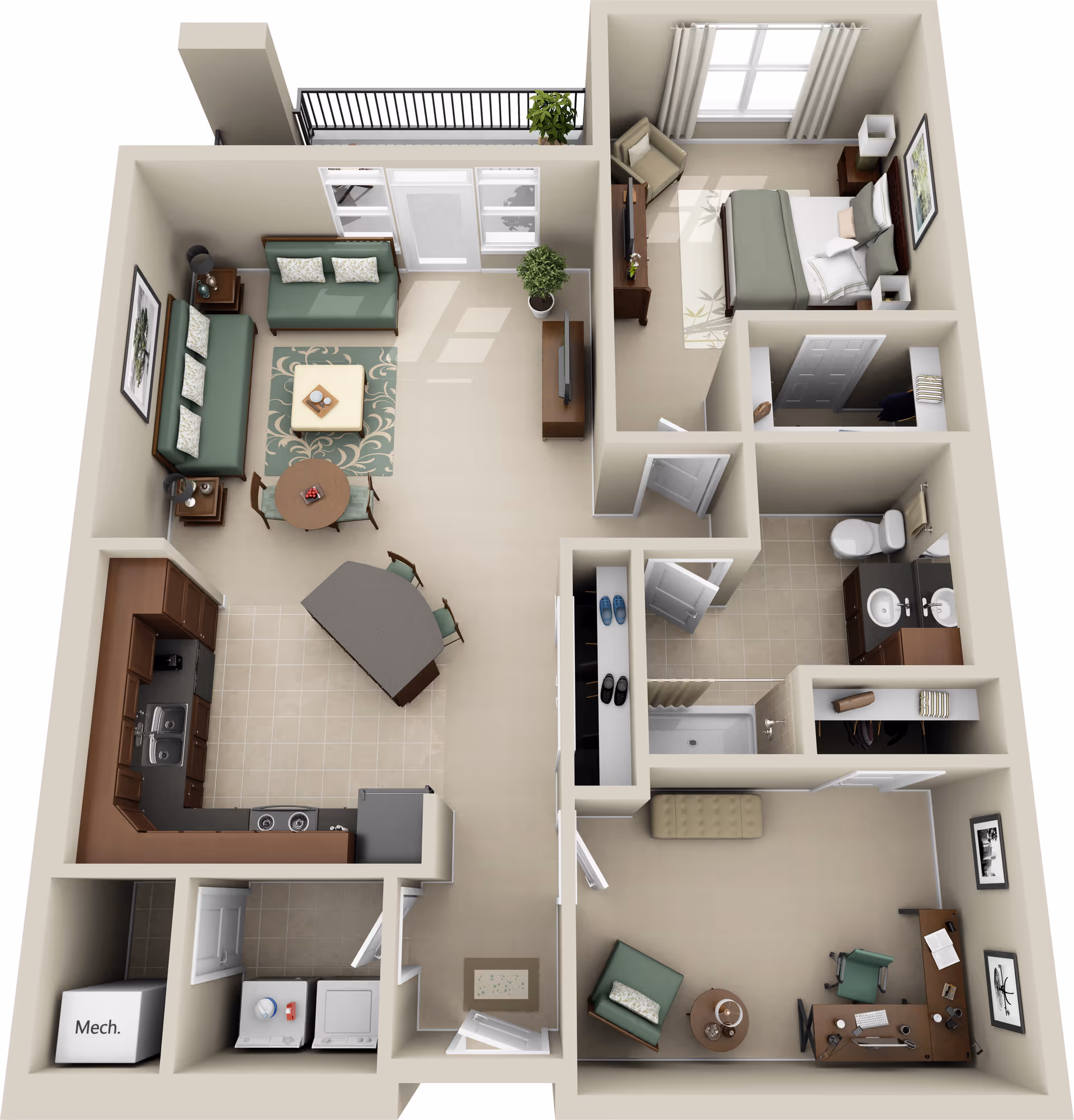 3D floor plan of a one-bedroom apartment featuring a living room with two sofas, a coffee table, and a round dining table with chairs. The kitchen has a U-shaped counter with appliances and a small island with seating. There is a bedroom with a bed, nightstands, and a chair. The bathroom includes a shower, toilet, and double sink vanity. A separate room contains a desk and chair, likely an office or study. There is also a laundry area with a washer and dryer, and a balcony accessible from the living room.