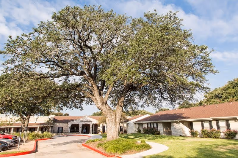 Front exterior view of The Clairmont Retirement Community building with a large tree in the foreground, a curved driveway, parked cars, and a clear blue sky with some clouds.