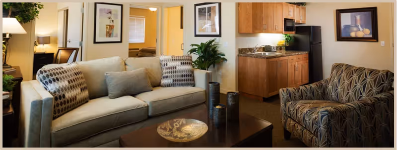 Cozy living room with a sofa, patterned armchair, coffee table, plants and a small kitchenette in the background.