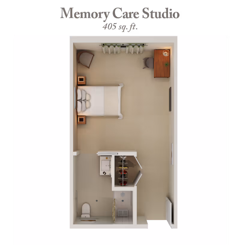 Top-down floor plan of a 405 sq.ft. memory care studio showing a bed with nightstands, a desk, a closet, a bathroom and an entry area.
