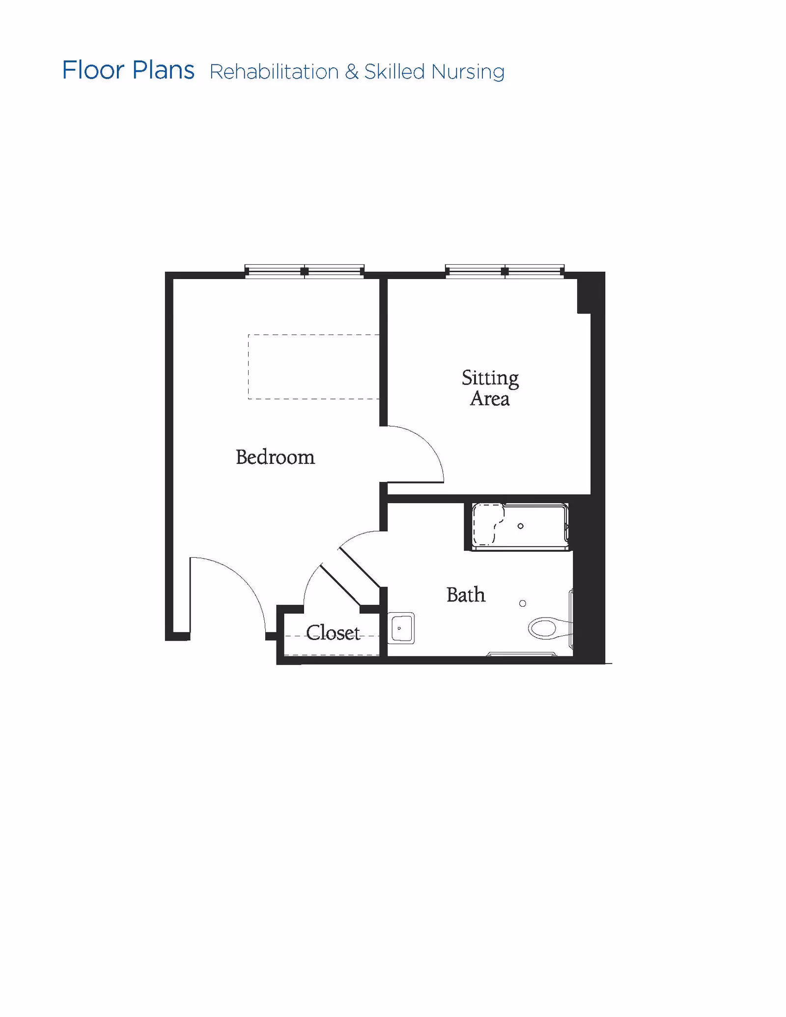 Floor plan layout for a rehabilitation and skilled nursing unit at Brookdale Lakeway showing a bedroom, sitting area, bath, and closet.
