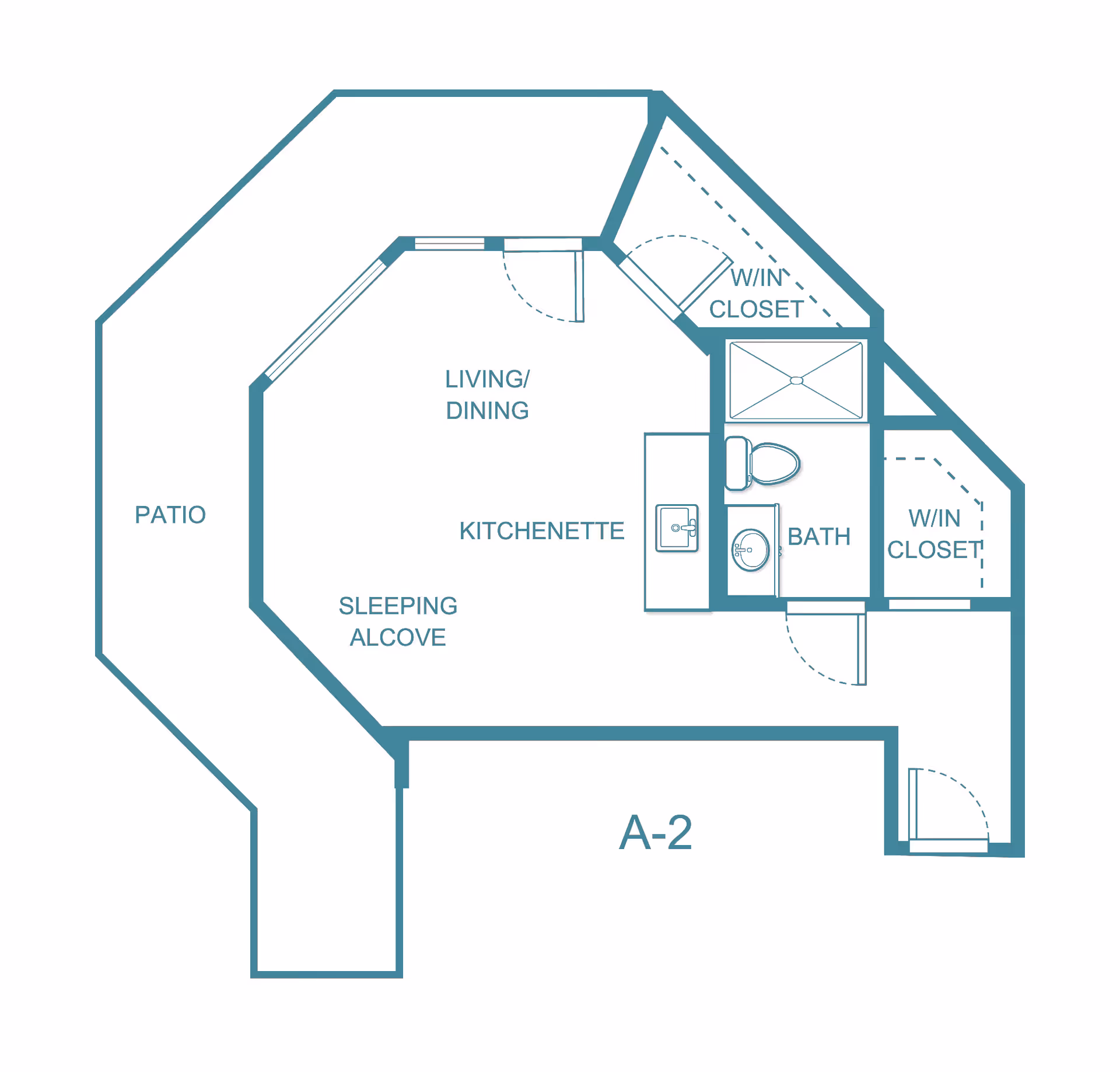 Architectural floor plan of a senior living unit labeled A-2 at The Fairmont by Barclay House, showing a patio, living/dining area, kitchenette, sleeping alcove, bathroom, and two walk-in closets.