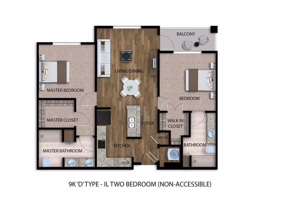 Floor plan of a two-bedroom apartment labeled 9K 'D' Type - IL Two Bedroom (Non-Accessible) showing a master bedroom with master closet and master bathroom, a second bedroom with walk-in closet, a bathroom, kitchen with island and desk, living/dining area, foyer, mechanical room, and a balcony with two chairs and a small table.