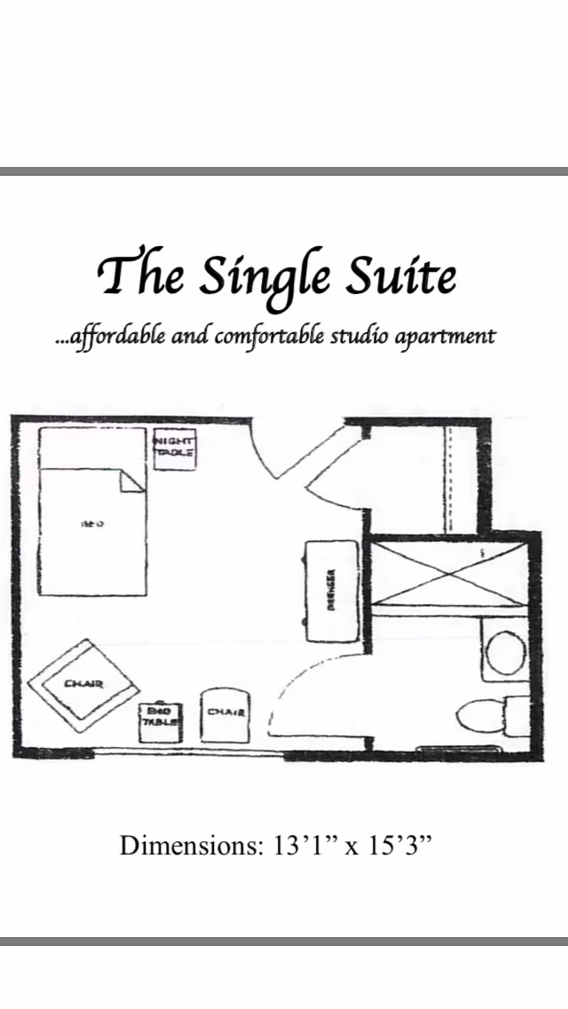 Black-and-white floor plan titled "The Single Suite" showing a studio layout with a bed, seating area, bathroom and dimensions.