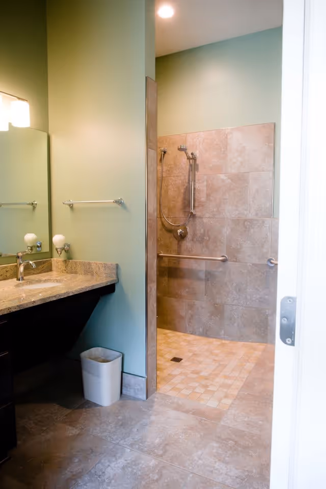 A bathroom with a granite countertop sink, a large mirror, and a walk-in tiled shower with grab bars and a handheld showerhead. The walls are painted light green and the floor is tiled. A small trash bin is placed under the sink.