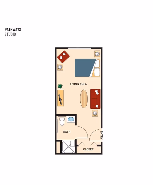 Floor plan of a studio apartment labeled Pathways Studio, showing a living area with a bed, sofa, coffee table, and side tables. There is a bathroom with a toilet and sink, a closet near the entry, and a shower area.