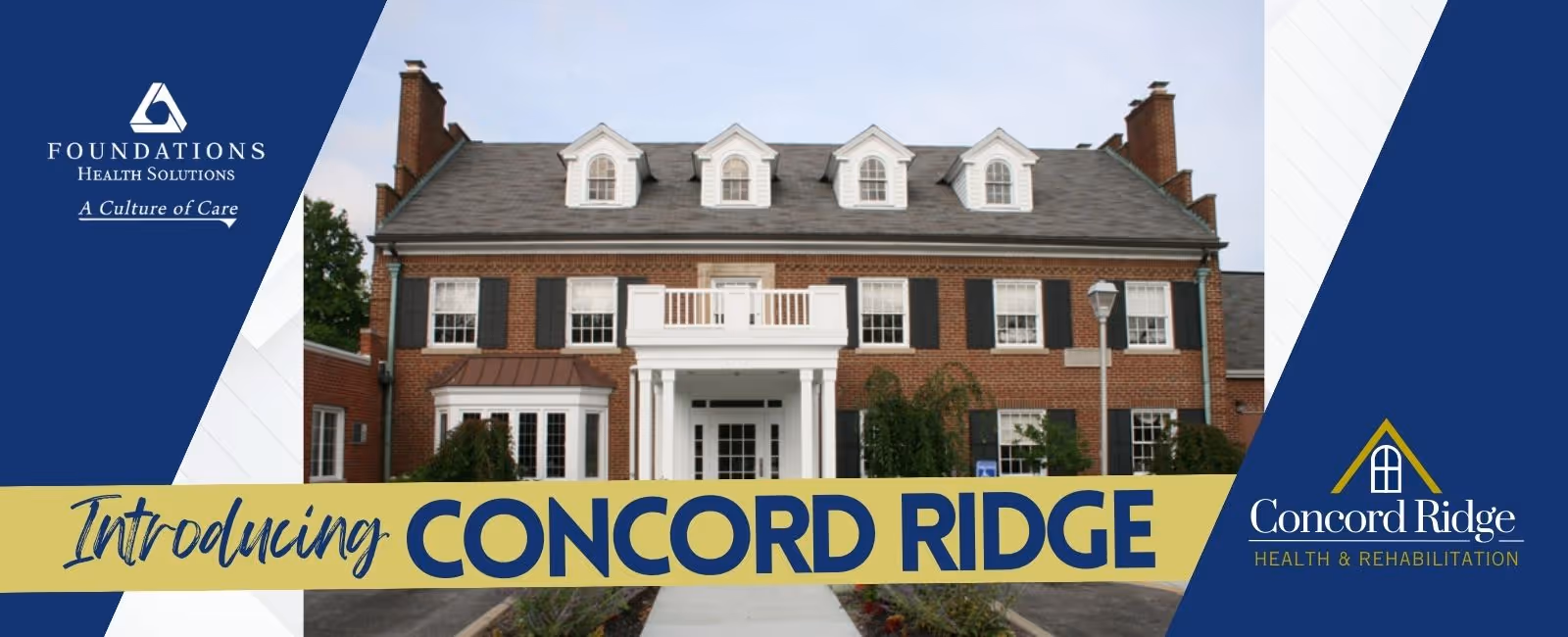 Front exterior of a brick, colonial-style senior living building with dormer windows and a banner introducing 'Concord Ridge'.